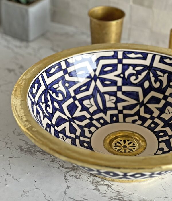 Lavabo en céramique marocaine fait main – Évier rond artisanal pour salle de bain authentique (43 cm x H 15,5 cm, 6,8 kg) – Image 2
