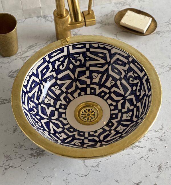 Lavabo en céramique marocaine fait main – Évier rond artisanal pour salle de bain authentique (43 cm x H 15,5 cm, 6,8 kg) – Image 4