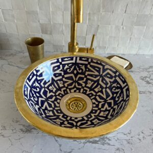 Lavabo en céramique marocaine fait main – Évier rond artisanal pour salle de bain authentique (43 cm x H 15,5 cm, 6,8 kg)