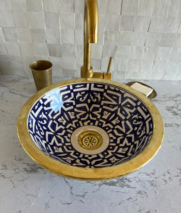 Lavabo en céramique marocaine fait main – Évier rond artisanal pour salle de bain authentique (43 cm x H 15,5 cm, 6,8 kg)