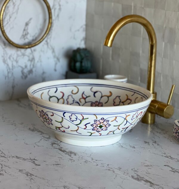 Lavabo décoratif marocain fait main – Vasque en céramique traditionnelle peinte à la main (40 cm x H 14 cm, 6,2 kg) – Image 4