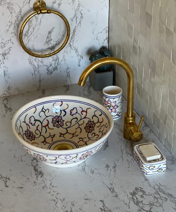 Lavabo décoratif marocain fait main – Vasque en céramique traditionnelle peinte à la main (40 cm x H 14 cm, 6,2 kg) – Image 3