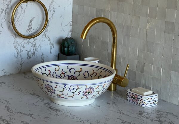 Lavabo décoratif marocain fait main – Vasque en céramique traditionnelle peinte à la main (40 cm x H 14 cm, 6,2 kg) – Image 2