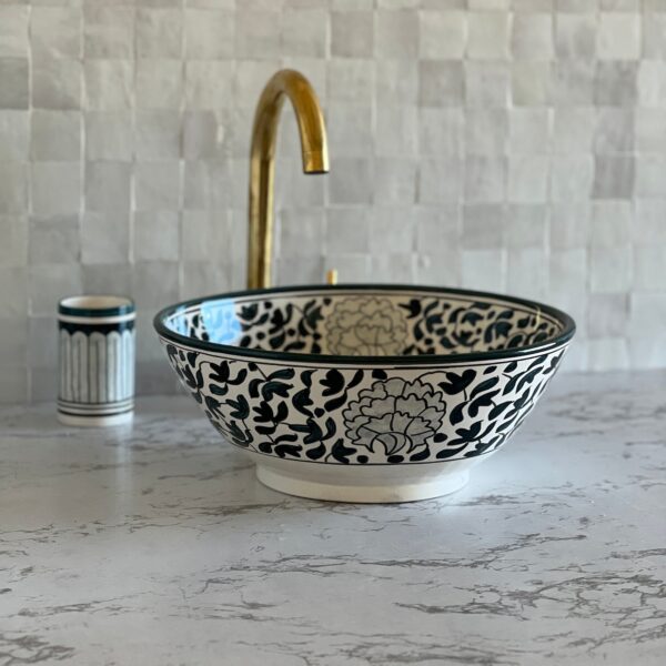 Lavabo fait main rond en céramique – Design marocain traditionnel pour salle de bain élégante (39 cm x H 13,5 cm, 5,9 kg) – Image 2