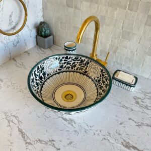 Lavabo fait main rond en céramique – Design marocain traditionnel pour salle de bain élégante (39 cm x H 13,5 cm, 5,9 kg)
