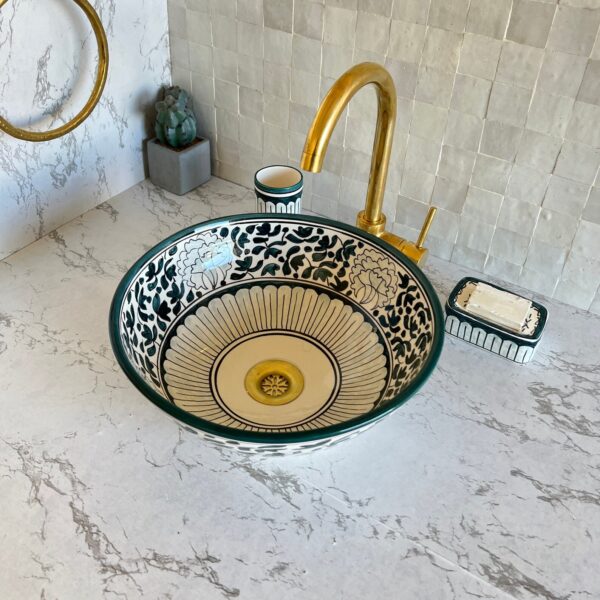 Lavabo fait main rond en céramique – Design marocain traditionnel pour salle de bain élégante (39 cm x H 13,5 cm, 5,9 kg)