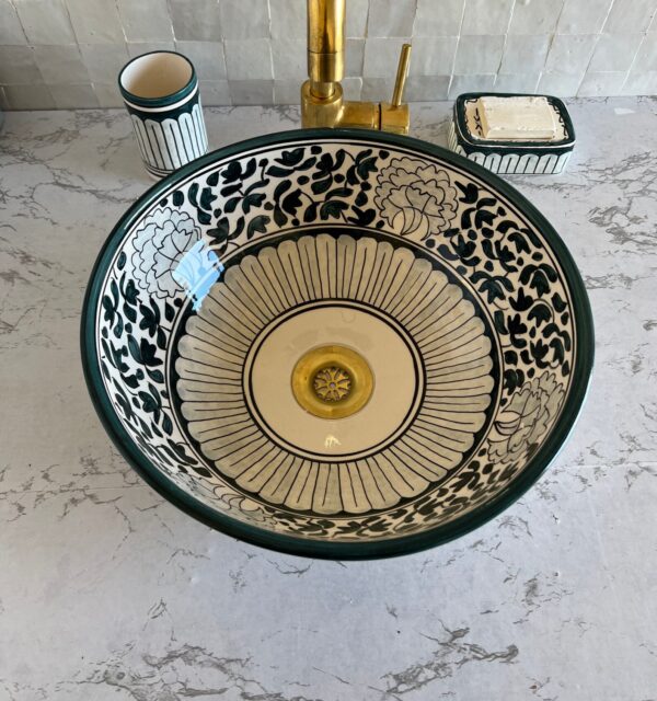 Lavabo fait main rond en céramique – Design marocain traditionnel pour salle de bain élégante (39 cm x H 13,5 cm, 5,9 kg) – Image 5
