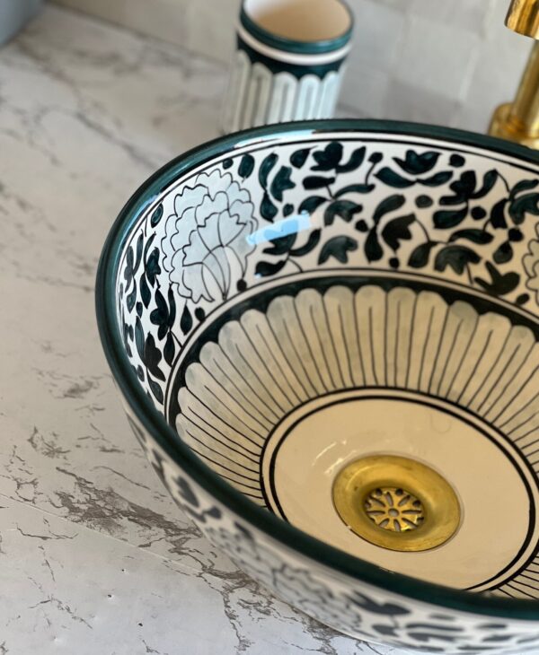 Lavabo fait main rond en céramique – Design marocain traditionnel pour salle de bain élégante (39 cm x H 13,5 cm, 5,9 kg) – Image 8