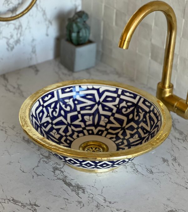 Lavabo en céramique marocaine fait main – Évier rond artisanal pour salle de bain authentique (43 cm x H 15,5 cm, 6,8 kg) – Image 7