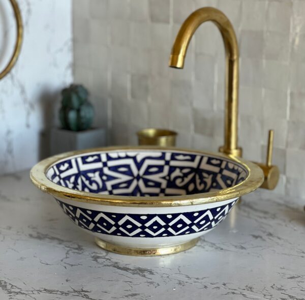 Lavabo en céramique marocaine fait main – Évier rond artisanal pour salle de bain authentique (43 cm x H 15,5 cm, 6,8 kg) – Image 6