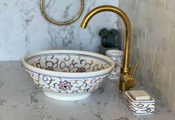 Lavabo décoratif marocain fait main – Vasque en céramique traditionnelle peinte à la main (40 cm x H 14 cm, 6,2 kg) – Image 6