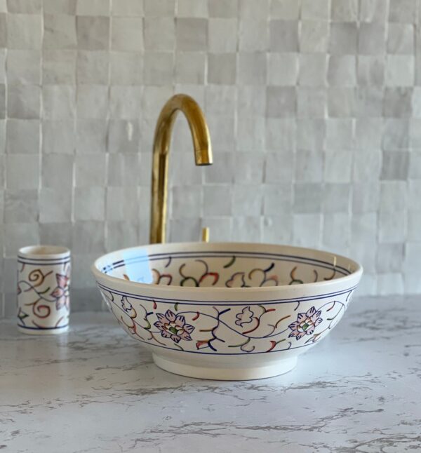 Lavabo décoratif marocain fait main – Vasque en céramique traditionnelle peinte à la main (40 cm x H 14 cm, 6,2 kg) – Image 7