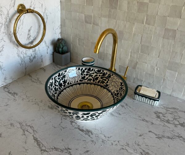 Lavabo fait main rond en céramique – Design marocain traditionnel pour salle de bain élégante (39 cm x H 13,5 cm, 5,9 kg) – Image 7