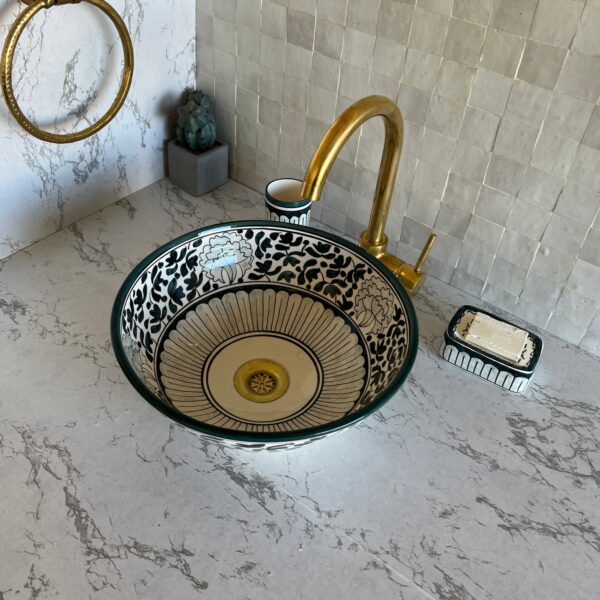 Lavabo fait main rond en céramique – Design marocain traditionnel pour salle de bain élégante (39 cm x H 13,5 cm, 5,9 kg) – Image 6